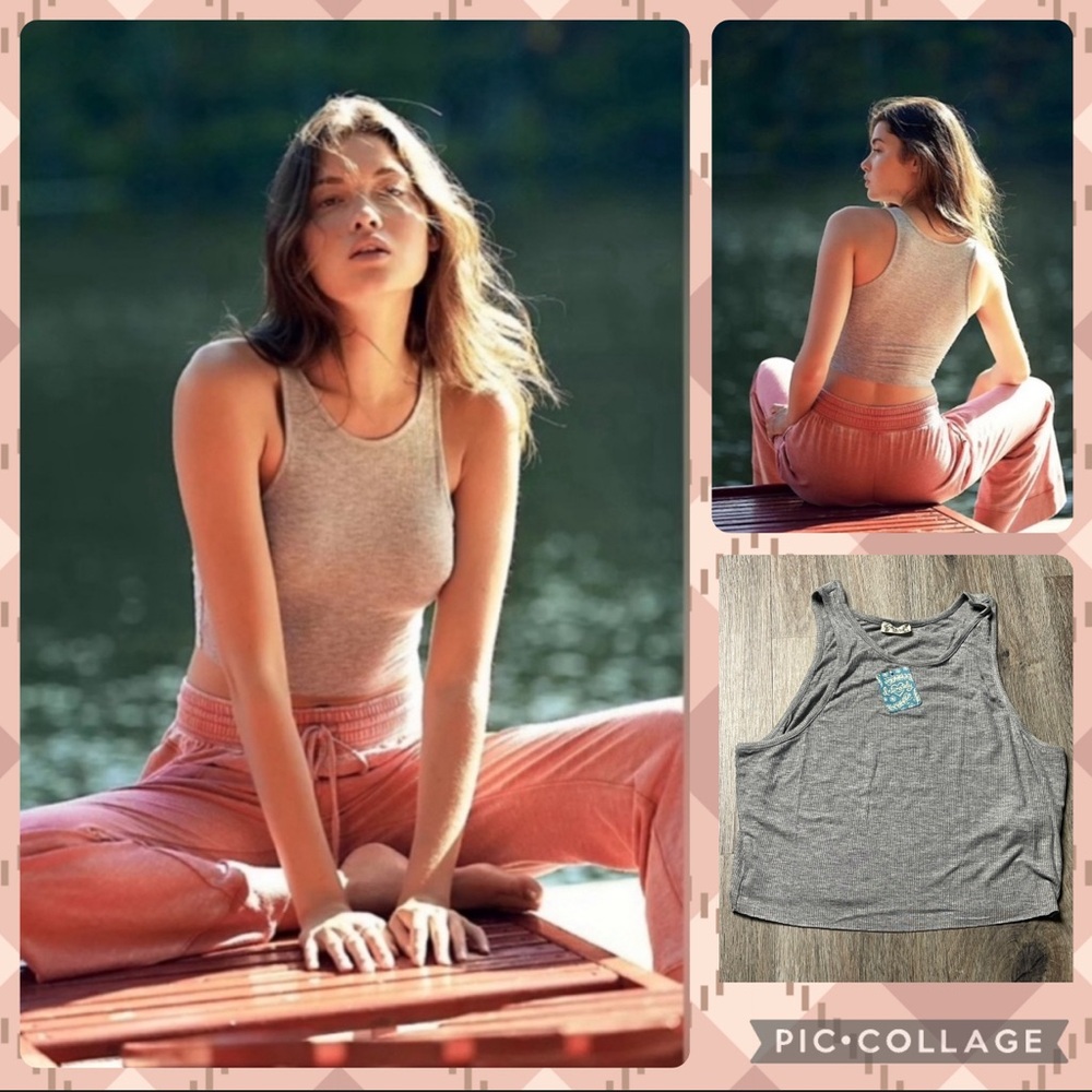 Free People High Neck Ribbed Gray Tank Top